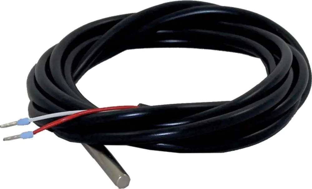 Schwarzes Kabel mit einem Metallfühler und zwei Anschlussdrähten in Rot und Weiß, geeignet für Anwendungen wie den KTY Puffer-Boilerfühler von Wolf.